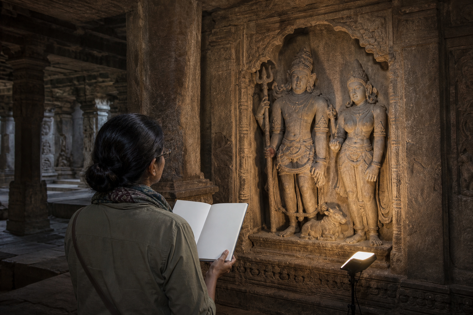 An observer with a blank sketchbook studies a paired-deity relief and its architectural setting inside a dim stone temple corridor.