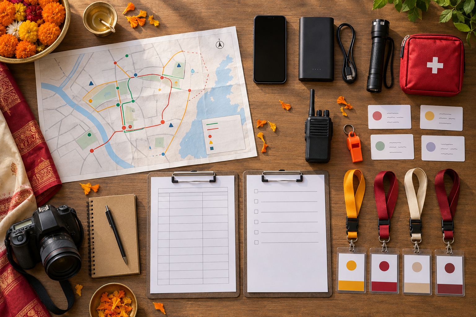 A preparedness desk holds a route map, phone, radio, first-aid pouch, camera, blank forms, volunteer lanyards, marigold petals, and a brass diya.