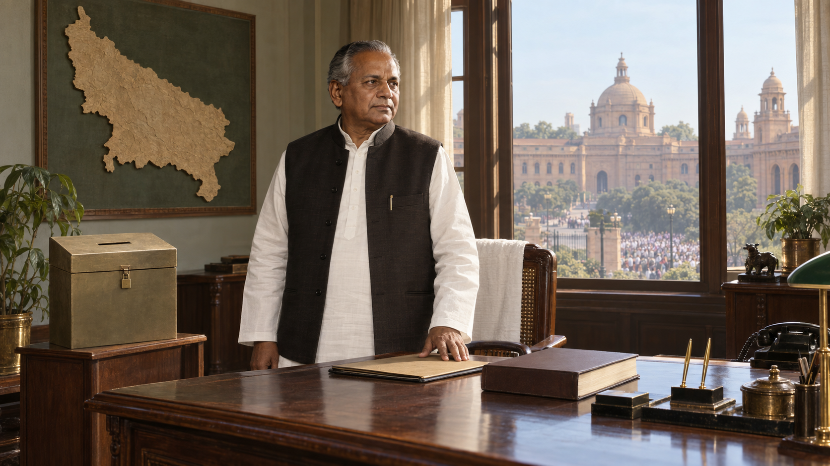 Kalyan Singh stands in a chief minister's office beside an official folder, a ballot box, a law book, and an unlabeled map of Uttar Pradesh.