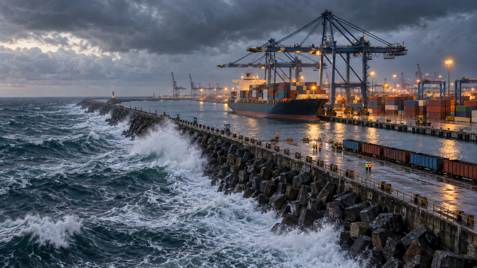 A cargo ship and cranes operate at an Indian port while rough seas and storm clouds gather beyond the harbor.