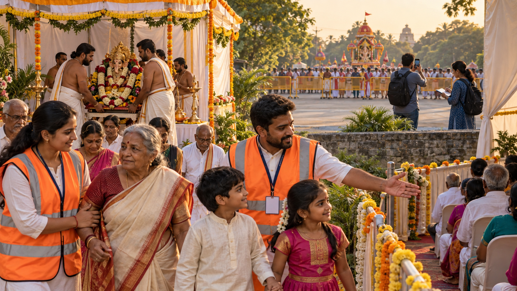 Volunteers guide devotees to safety while caretakers protect a flower-adorned murti and observers document a blocked procession route from a distance.