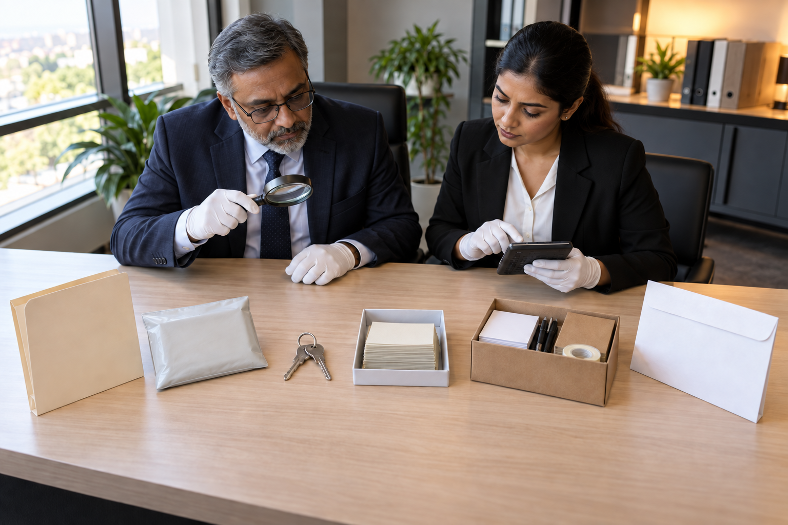 Two finance reviewers inspect six groups of blank records, access controls, cash-handling tools, and project supplies in an office.