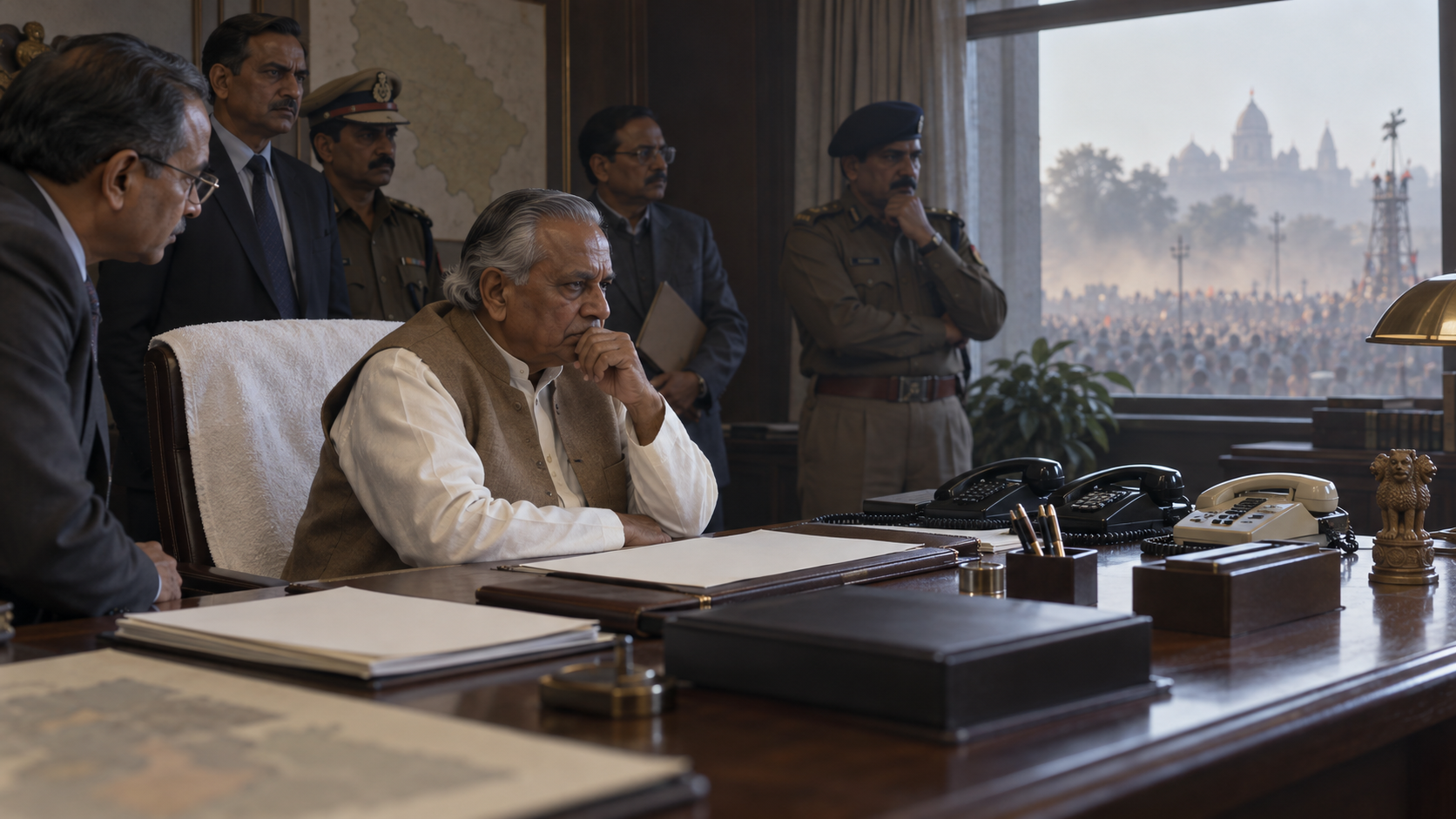 A tense government office scene shows Kalyan Singh at a desk with telephones and files as officials wait and a distant crowd appears through the haze outside.