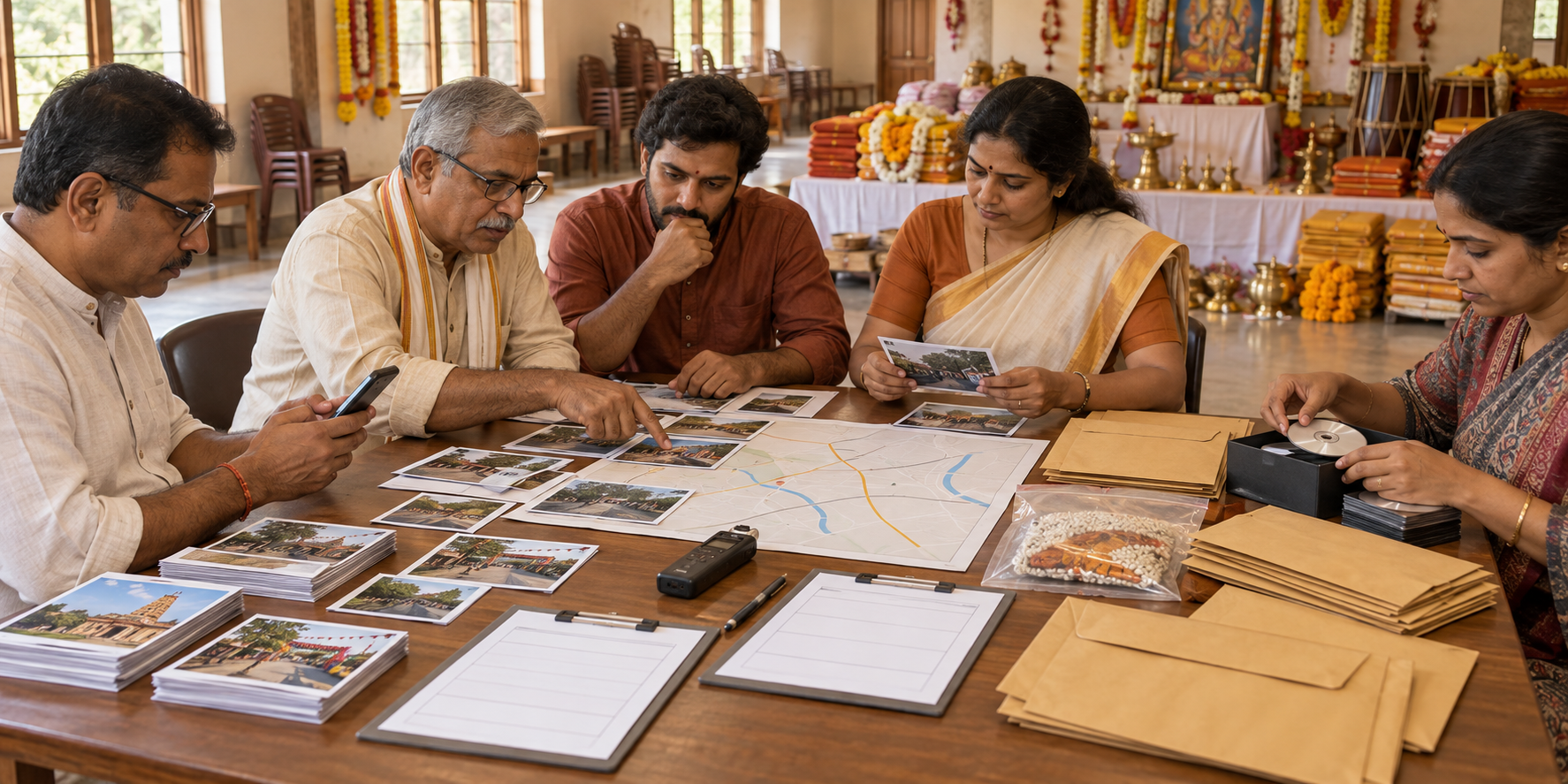 Festival committee members organize photographs, witness forms, a route map, recordings, and evidence envelopes during a post-incident review.