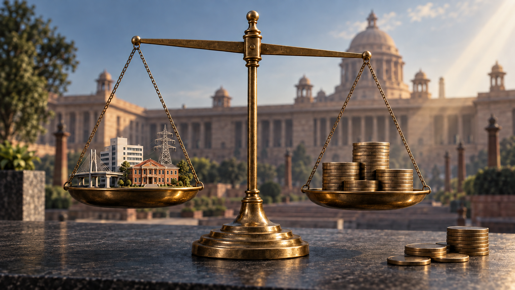 A brass balance scale weighs miniature public facilities against stacks of plain coins beside a government building.