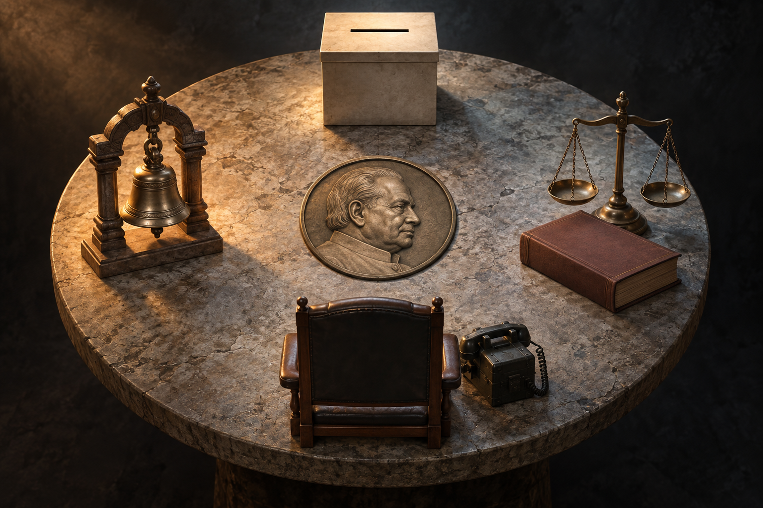 Four symbolic objects surround a profile medallion of Kalyan Singh: a ballot box, a temple bell, a law book with scales, and an official chair with a telephone.