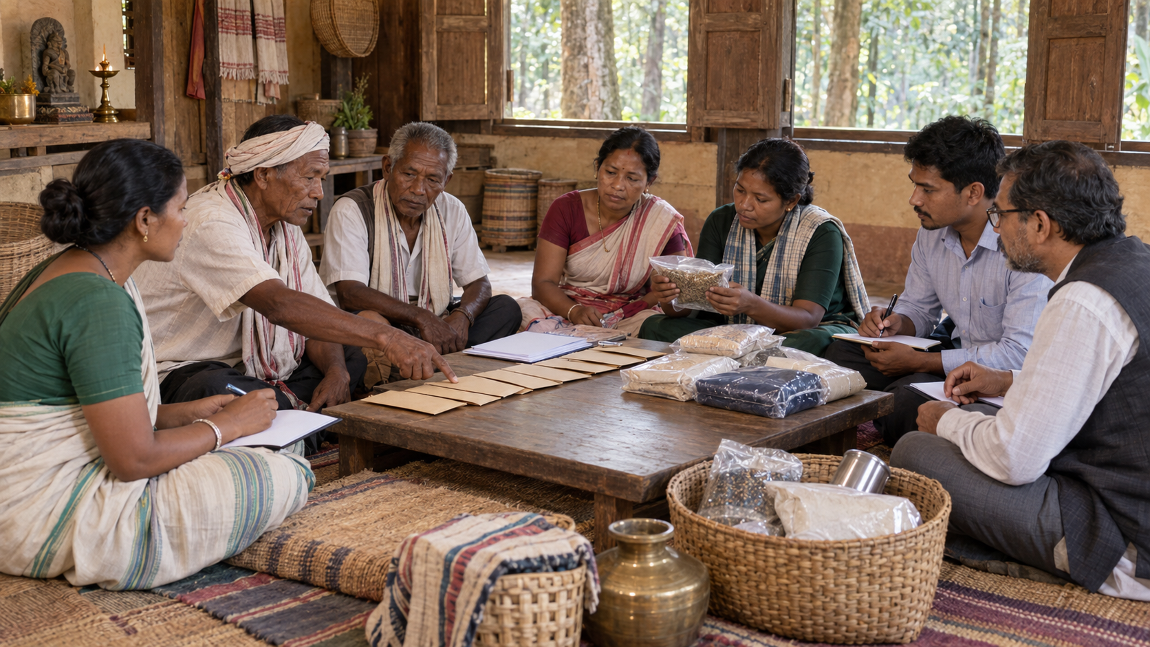 Adivasi elders, temple trustees, organizers, an accountant, and a legal adviser review records and supplies together in a community hall.