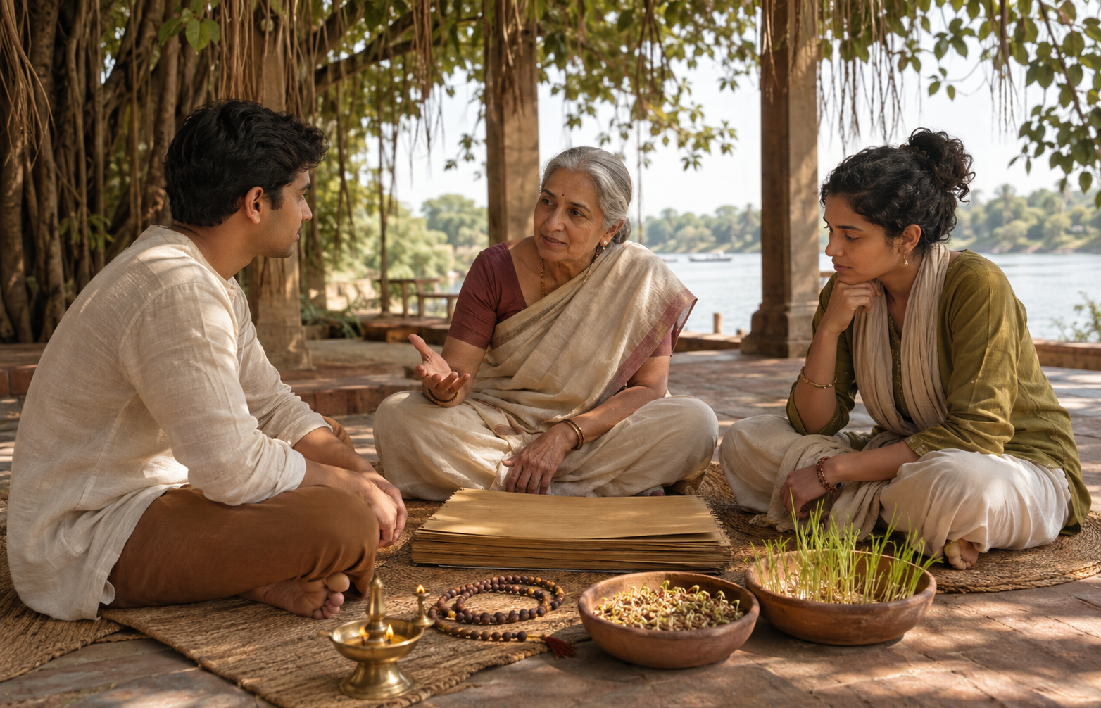 Three people confer in a riverside pavilion around an unmarked manuscript, prayer beads, an oil lamp, and bowls containing seeds and sprouts.