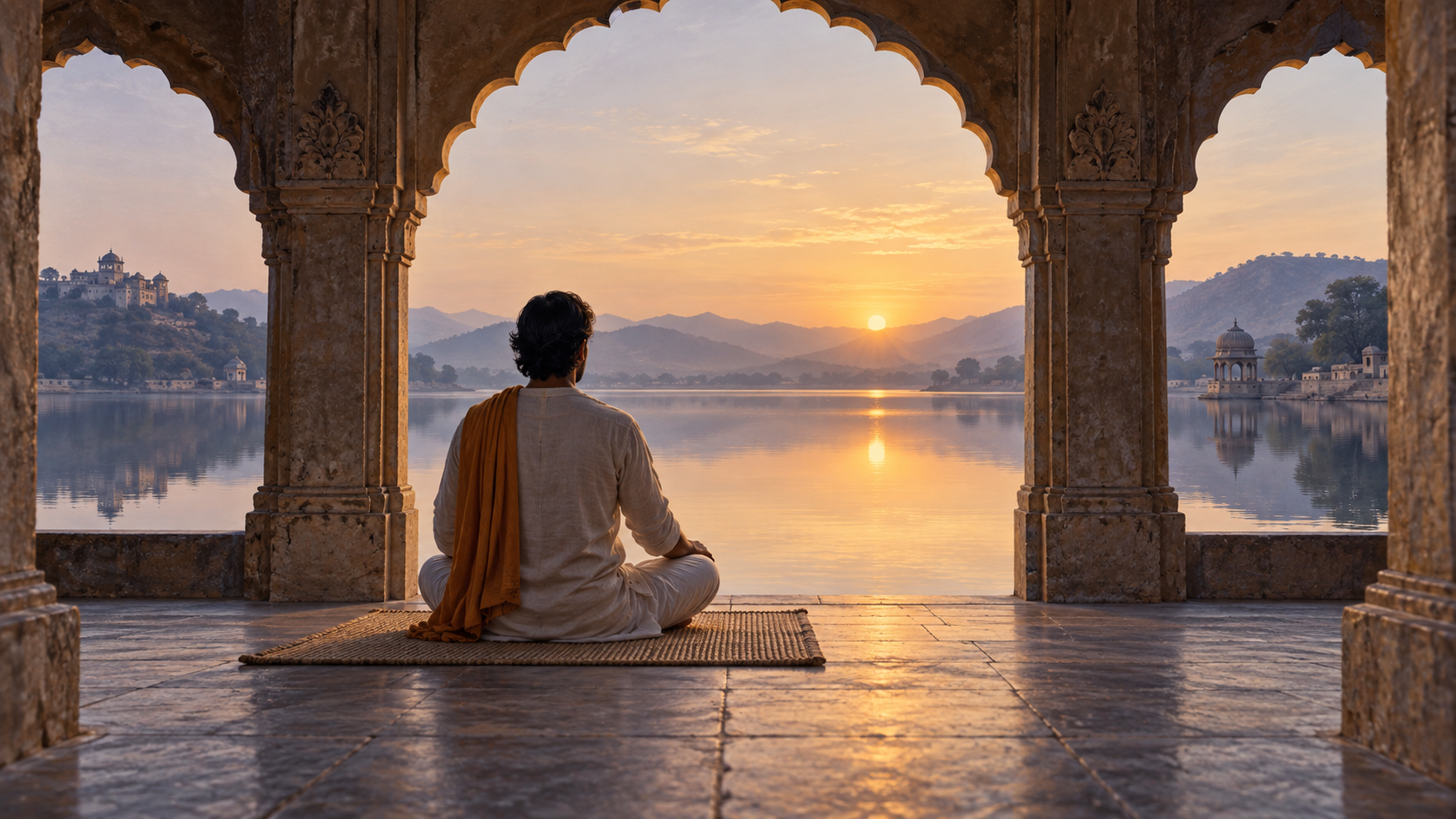 A person meditates on a woven mat in an open stone pavilion overlooking a still lake at dawn.