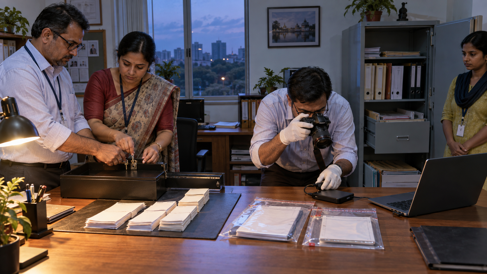 Officers secure a cash drawer while an accountant photographs blank records, seals copies, and preserves digital evidence in an office.