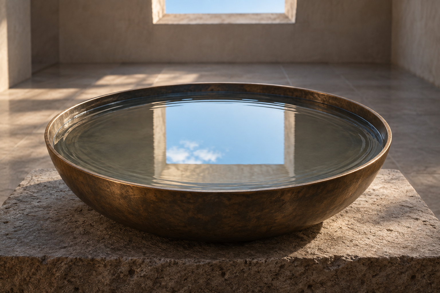 A fading ripple crosses water in a bronze bowl while its center reflects the sky clearly.