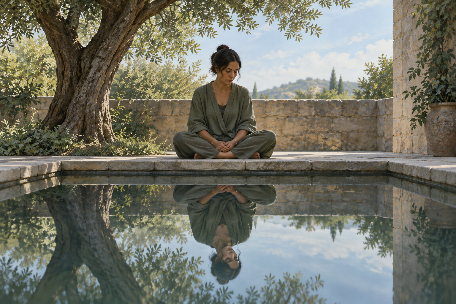 A seated meditator and the person's reflection appear beside a calm garden pool.