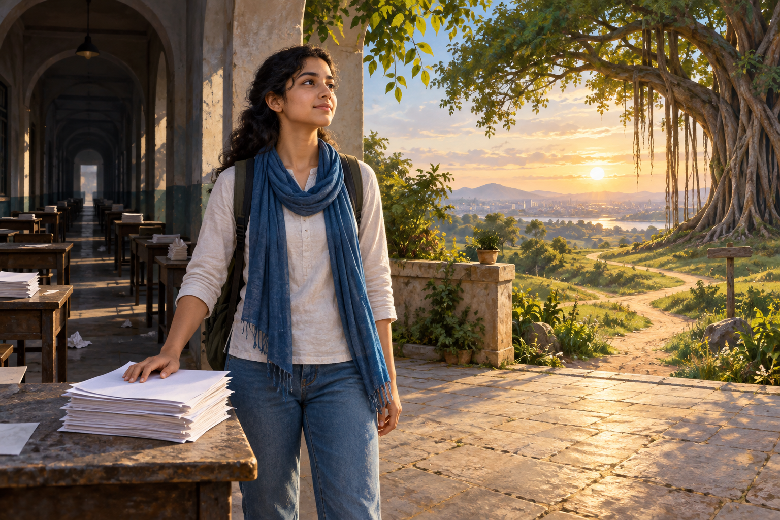 A young Indian student leaves a stack of exam papers behind and faces an open courtyard with a banyan tree and branching paths.