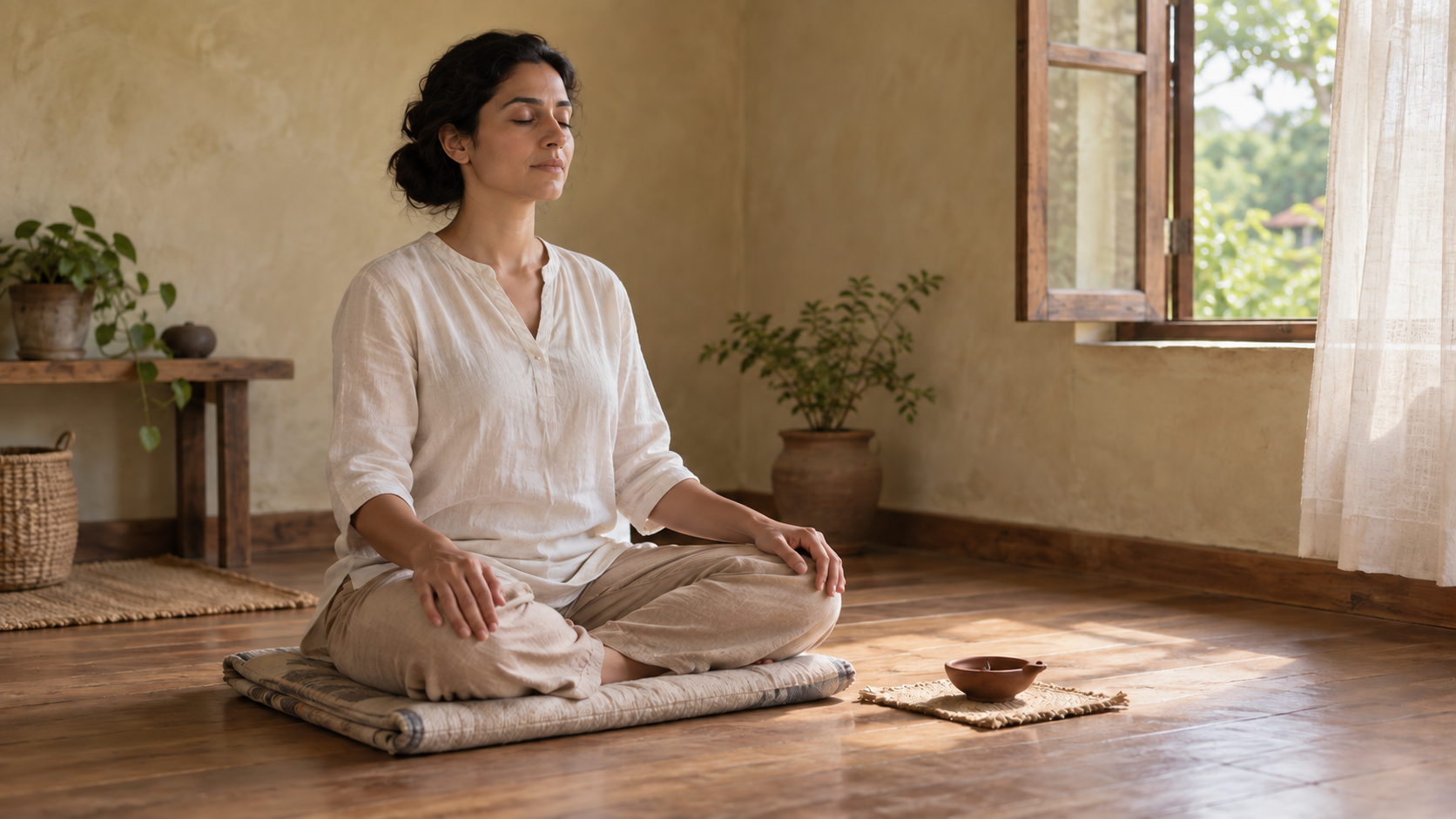 A person sits upright on a meditation cushion in a simple sunlit room beside an open window.