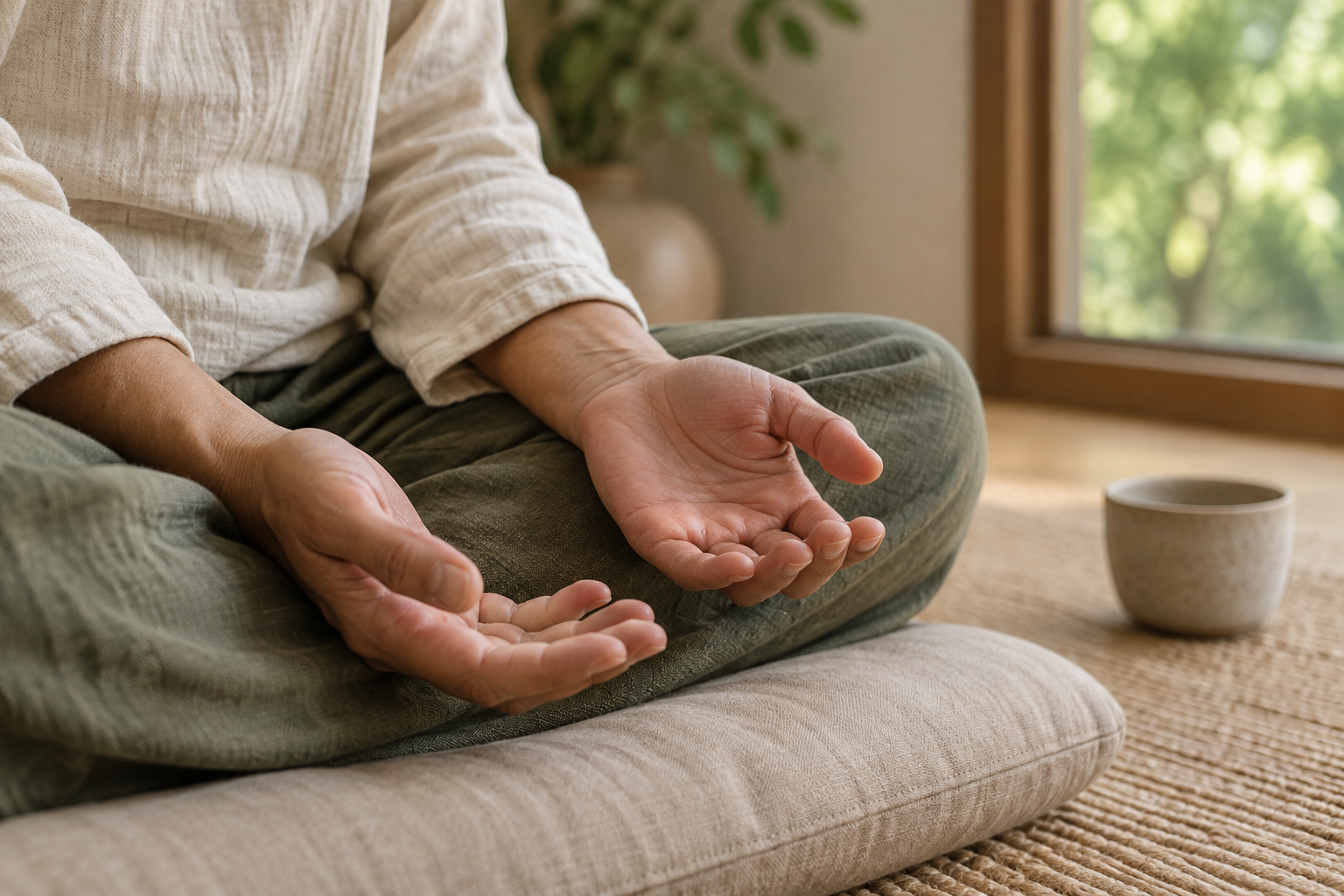 Empty relaxed hands rest in a meditator's lap in a softly lit, uncluttered room.