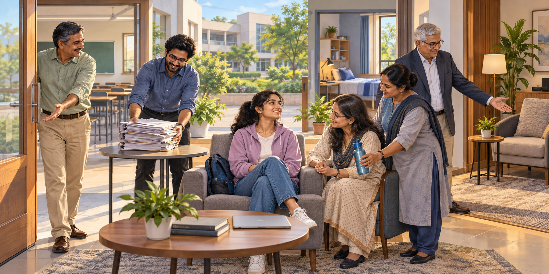 A student in an Indian campus common area is supported by a parent, teacher, counsellor, hostel warden, and administrator improving the surrounding environment.