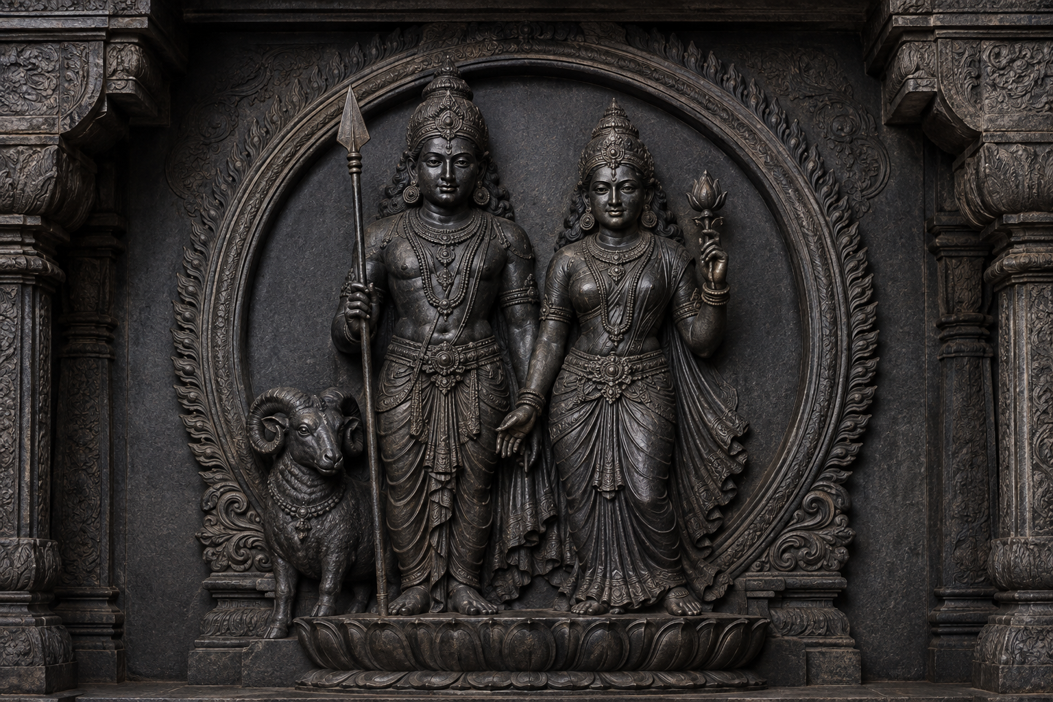 High-relief stone sculpture of a spear-bearing male deity and a feminine divine figure joined by a shared pedestal, gestures, and aureole.