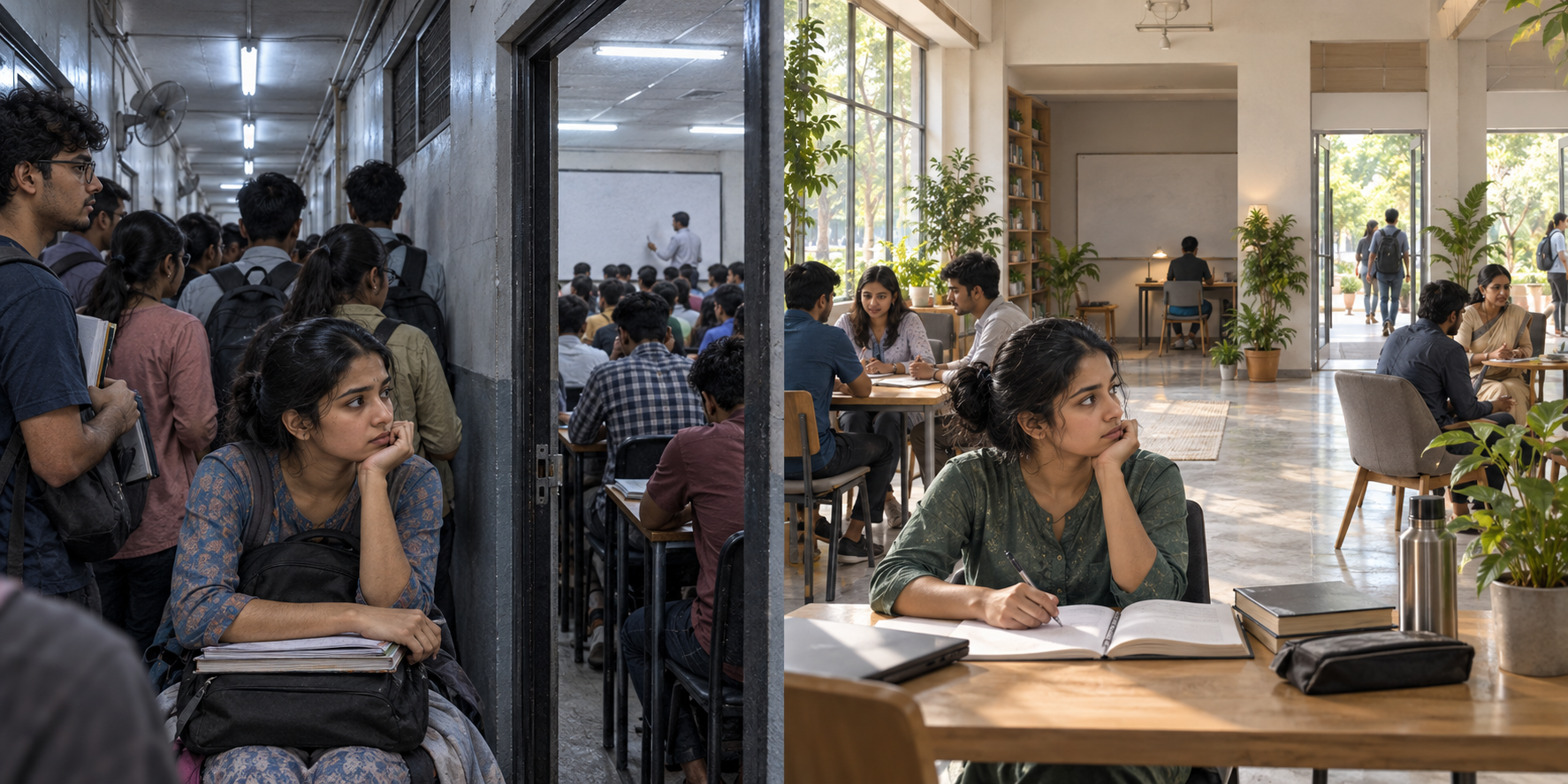 Two fictional Indian exam-preparation settings contrast a cramped closed corridor with a brighter center offering counselling, quiet space, and open exits.