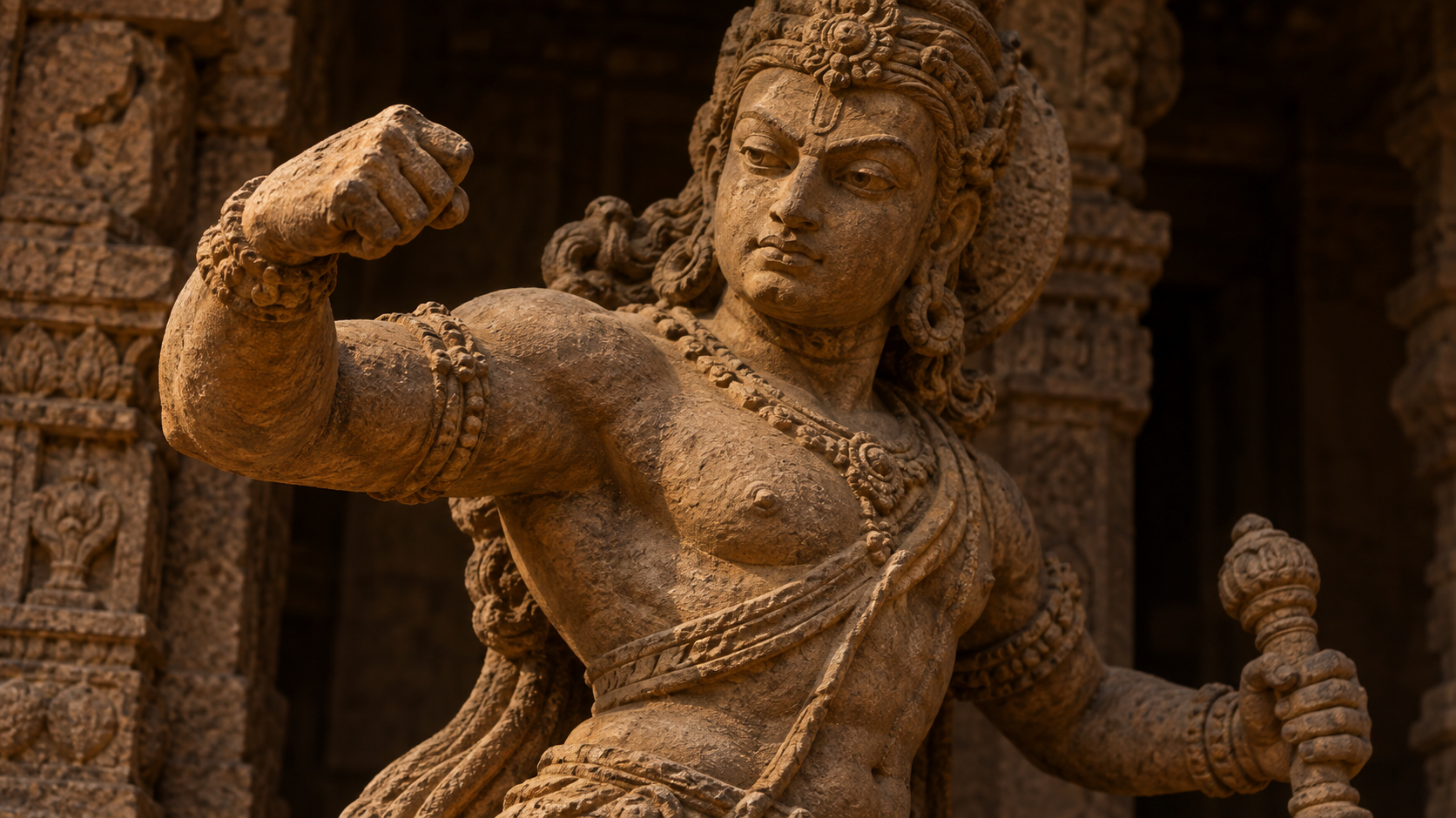 Weathered sandstone figure with a bent arm and raised action-ready hand, illuminated by warm raking light.