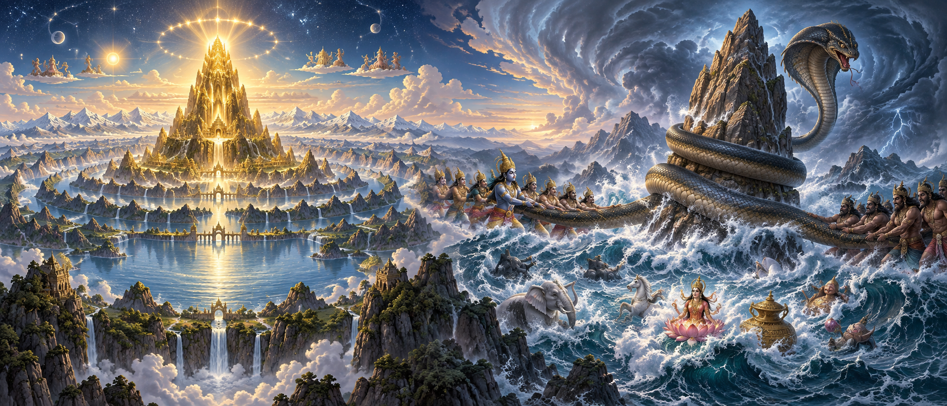 Mount Meru stands as a radiant cosmic centre beside a separate scene of Mount Mandara being used to churn the primordial ocean.