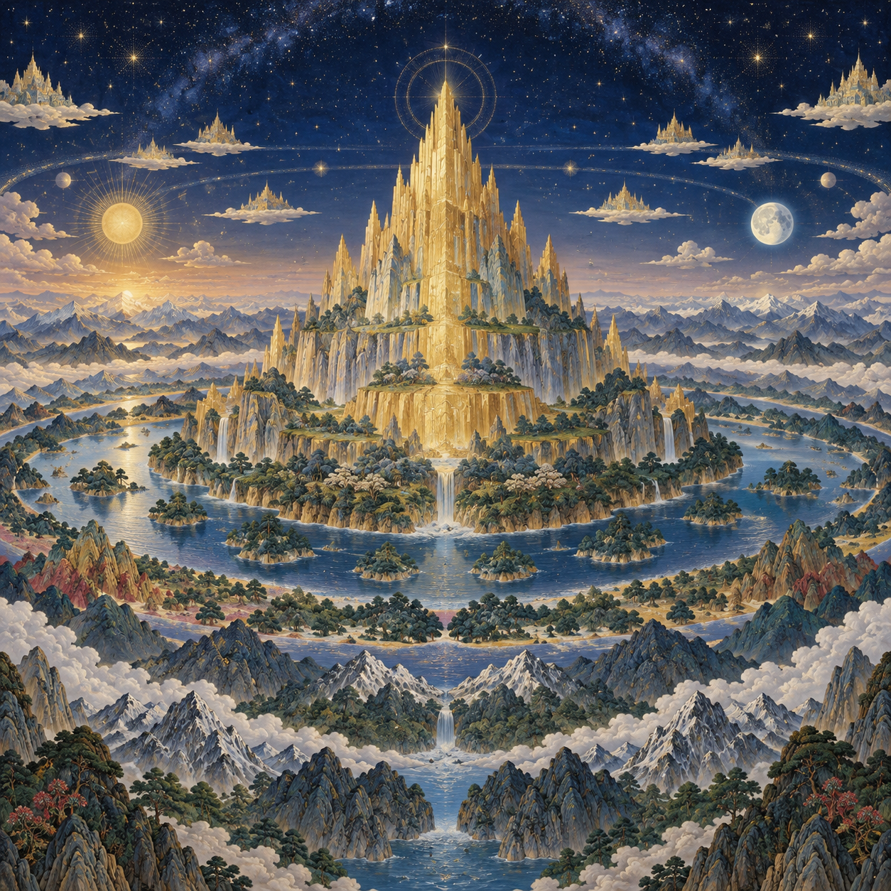 Mount Meru rises at the centre of a symmetrical sacred cosmos surrounded by ordered ranges, waters, and celestial bodies.