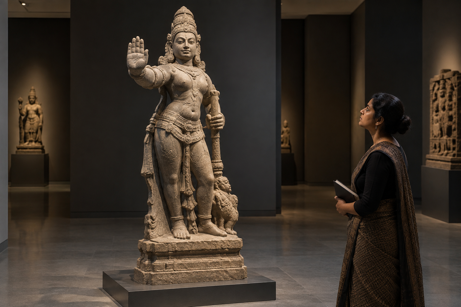 An art historian studies the raised hand, arm, and full body of a stone sculpture in a museum gallery.