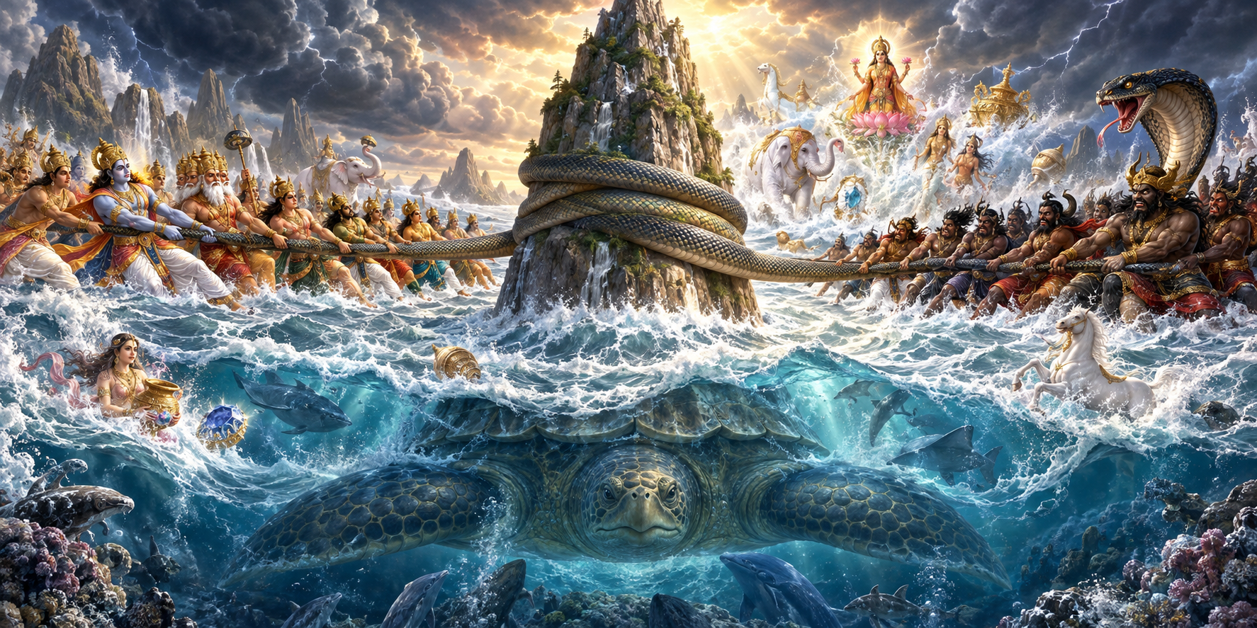 Devas and asuras pull the serpent Vasuki around Mount Mandara as Kurma supports the mountain during the churning of the ocean.