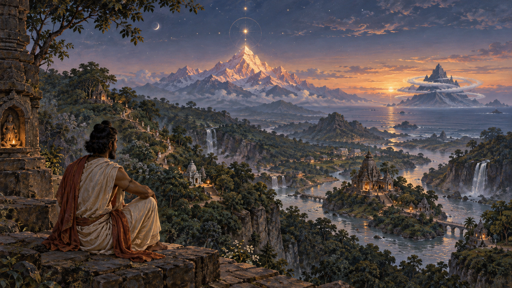 A traveller overlooks a layered sacred landscape of central mountain, rivers, pilgrimage paths, shrines, ocean, and celestial realms.
