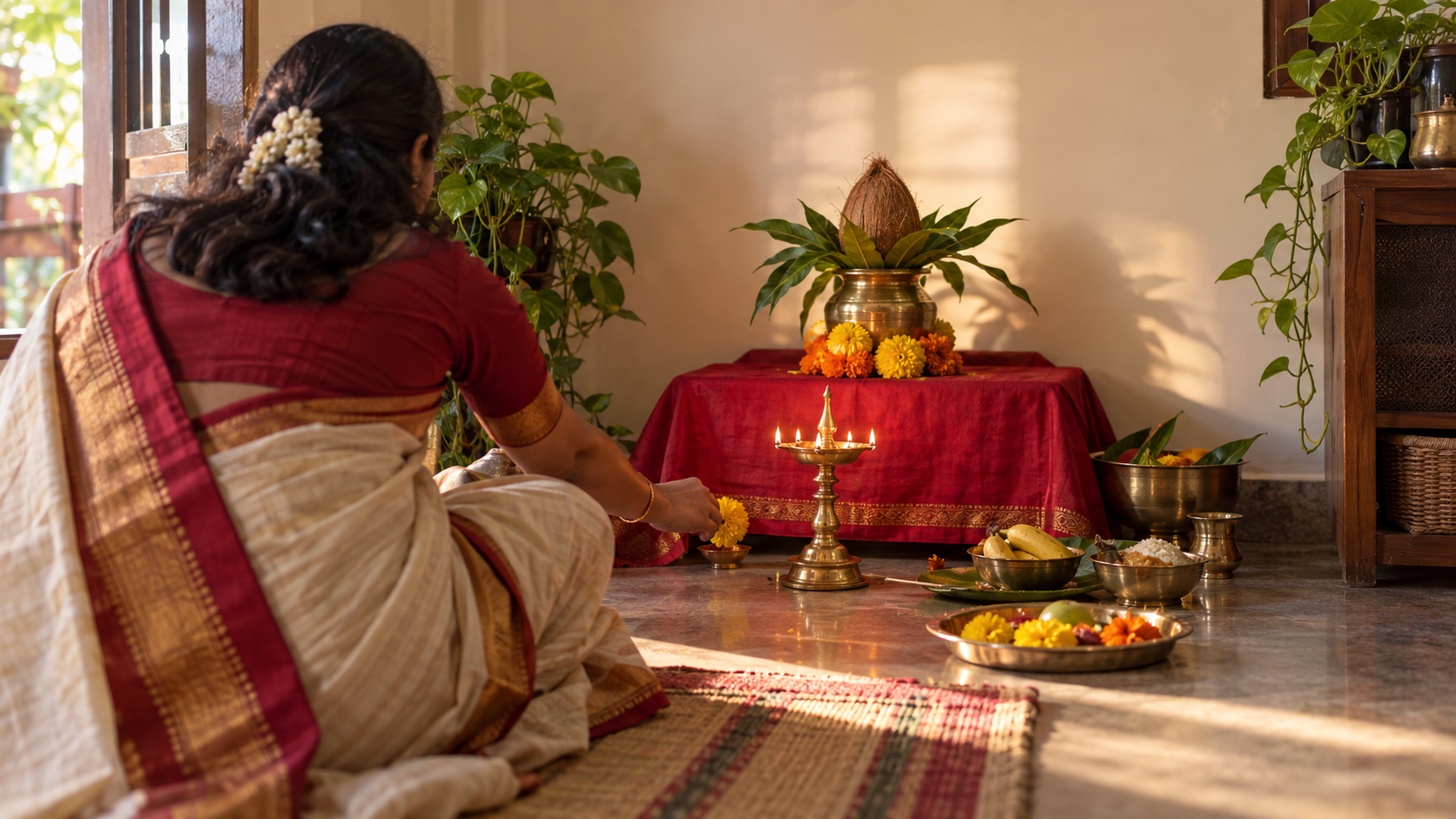 A devotee places a flower at a simple home Navaratri altar with a brass lamp, kalasha, marigolds, and small bowls of food offerings.