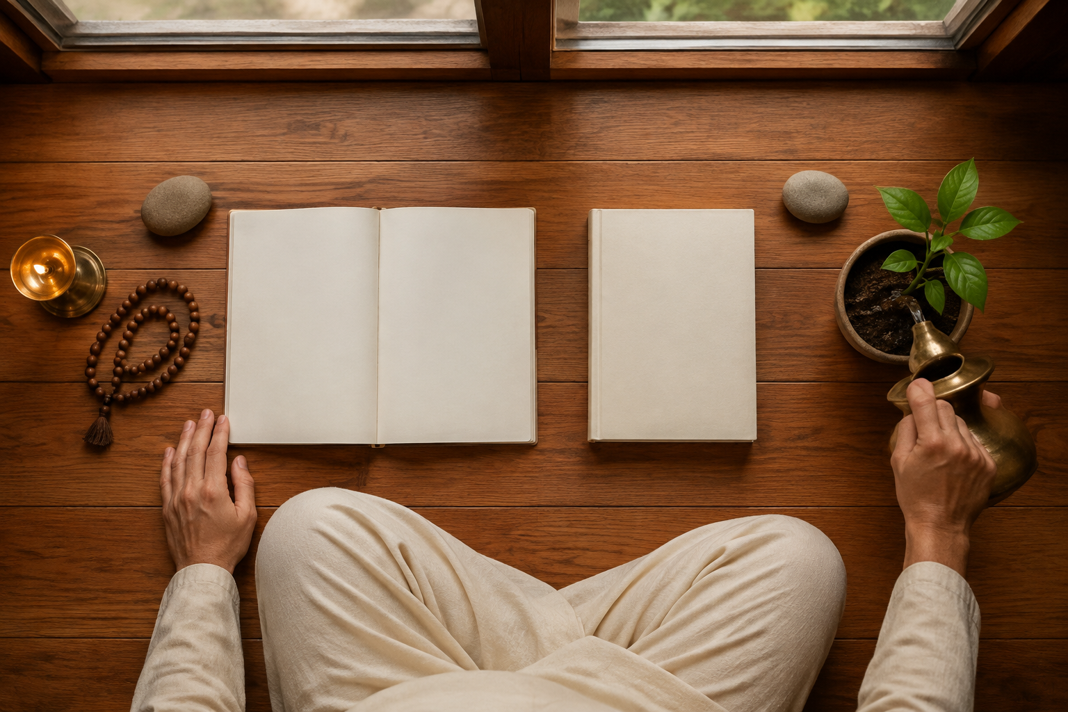 Hands rest beside an unmarked notebook, prayer beads, an oil lamp, two stones, and a young plant arranged on a wooden floor.