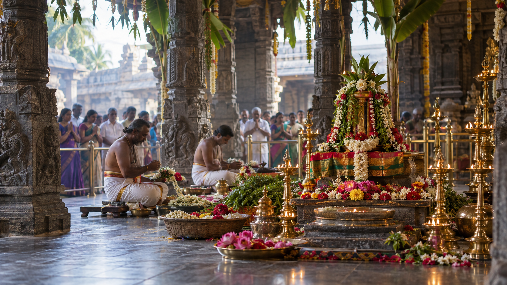 Devotees wait near oil lamps and flower decorations as priests prepare for Navaratri worship in a pillared Tamil Nadu temple hall.