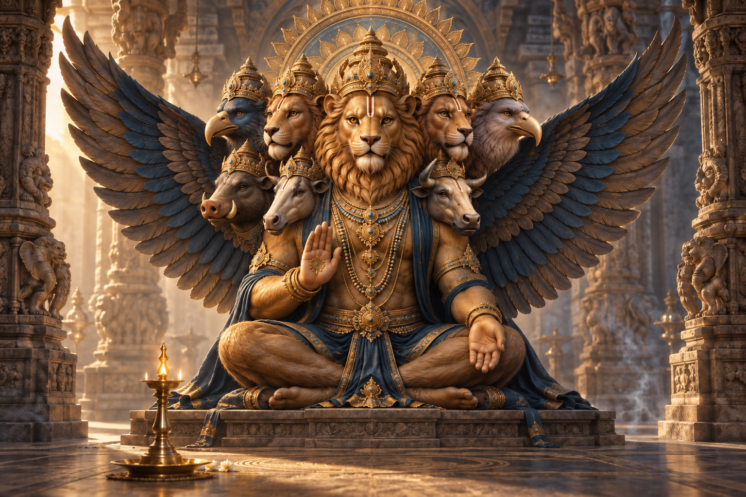 A symmetrical eight-faced, winged sacred figure stands between carved temple pillars above a glowing brass oil lamp.