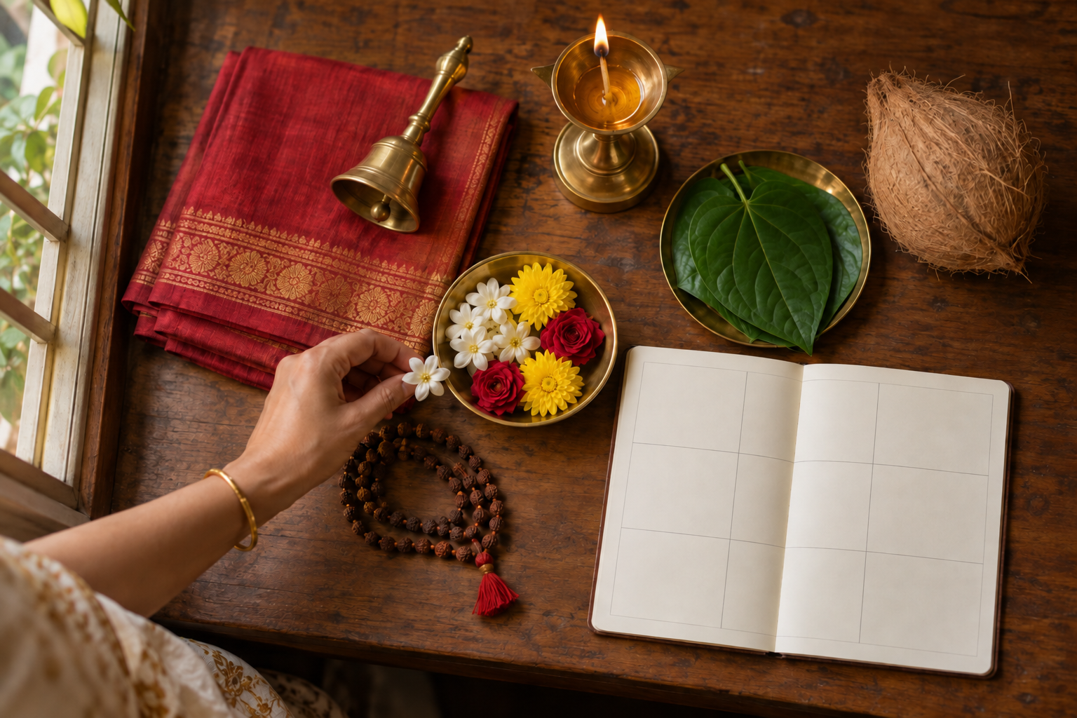 A hand organizes a prayer cloth, lamp, bell, beads, flowers, coconut, leaves, and a blank planning notebook on a wooden table.