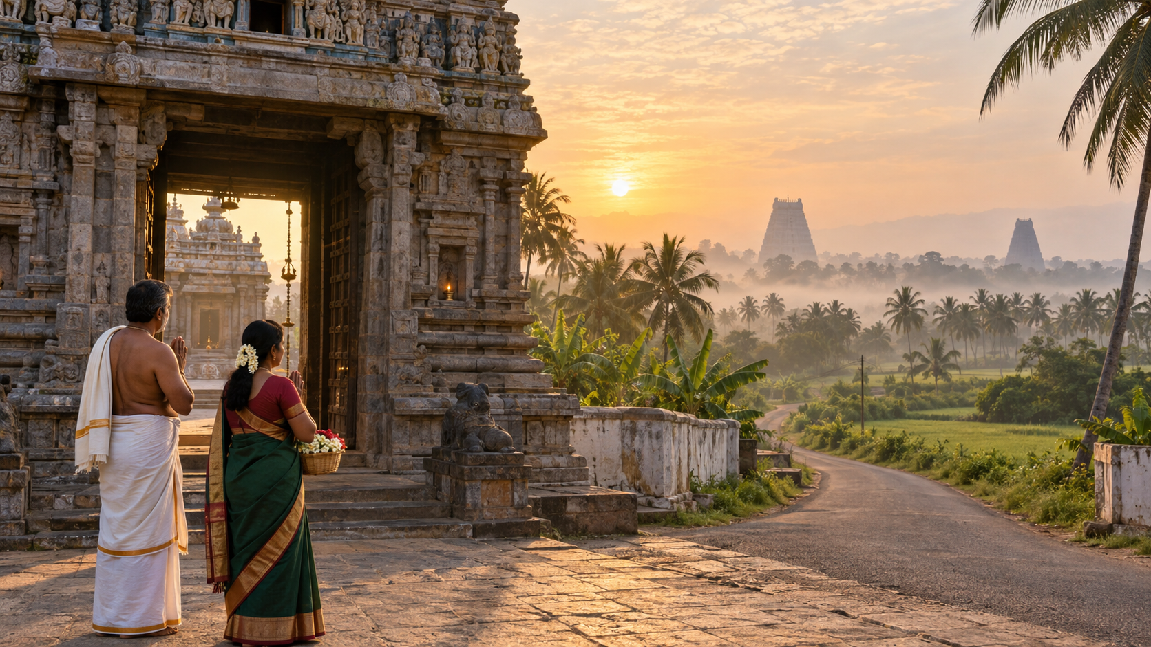 Two pilgrims pause at a temple gateway while a rural road leads toward smaller temple towers in the distance.