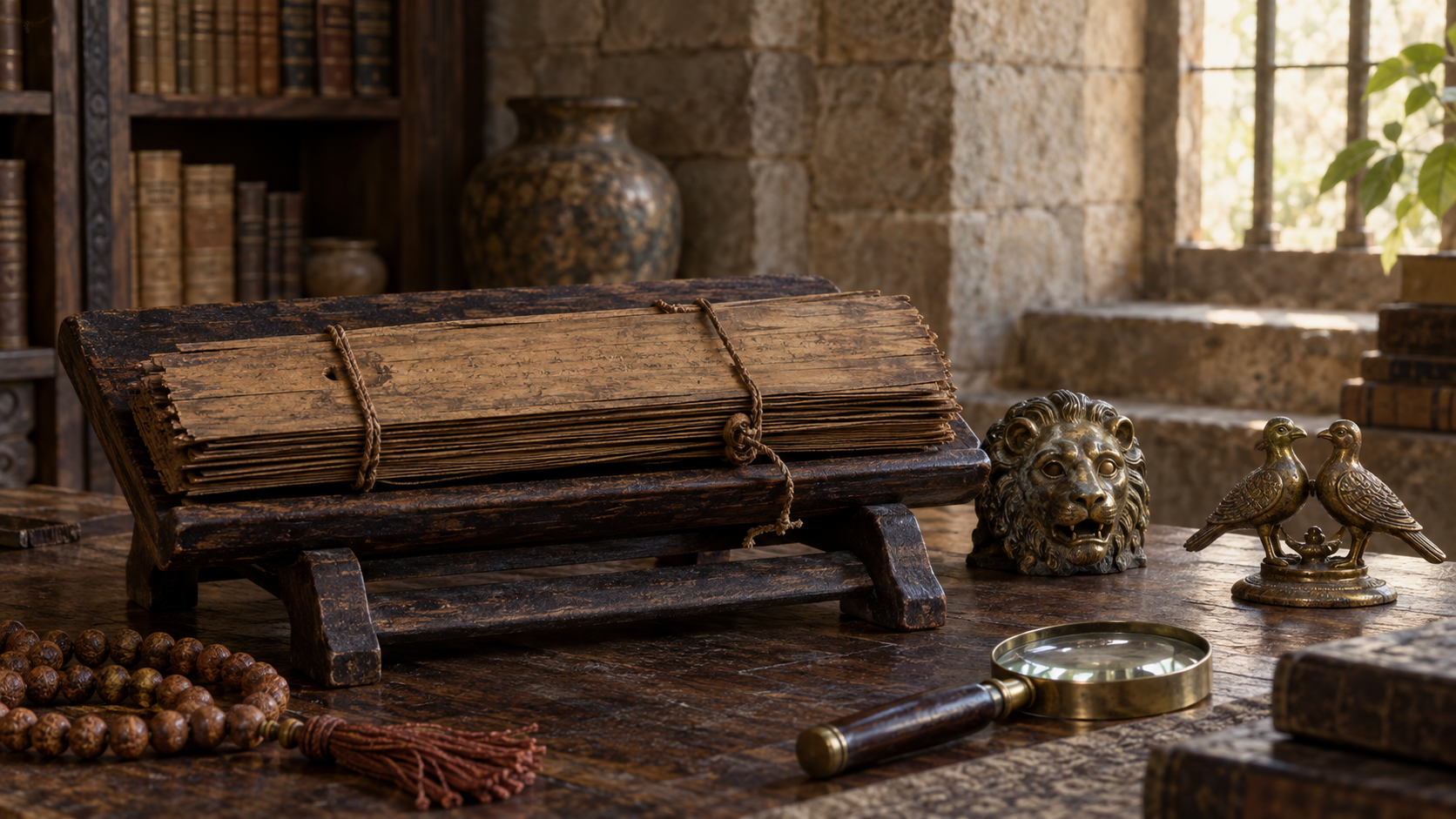 A closed palm-leaf manuscript, bronze lion mask, paired-bird ornament, prayer beads, and magnifying lens rest on a wooden reading stand.