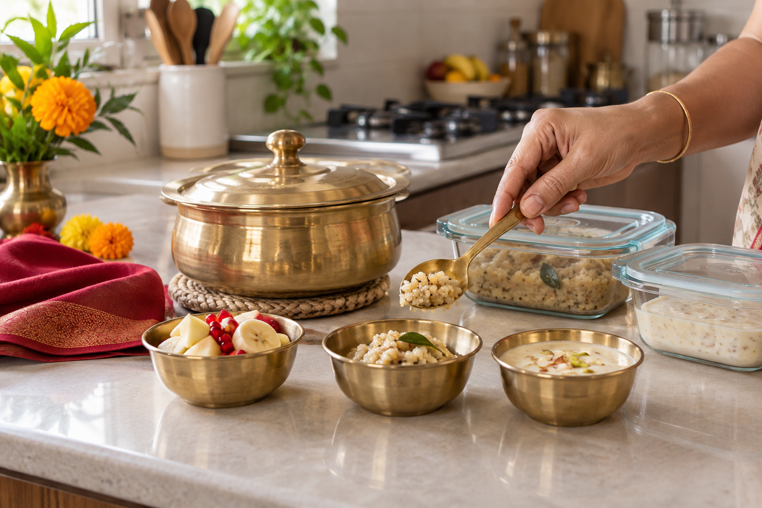 A hand serves a small portion of homemade food into brass offering bowls beside a covered pot and reusable storage containers.