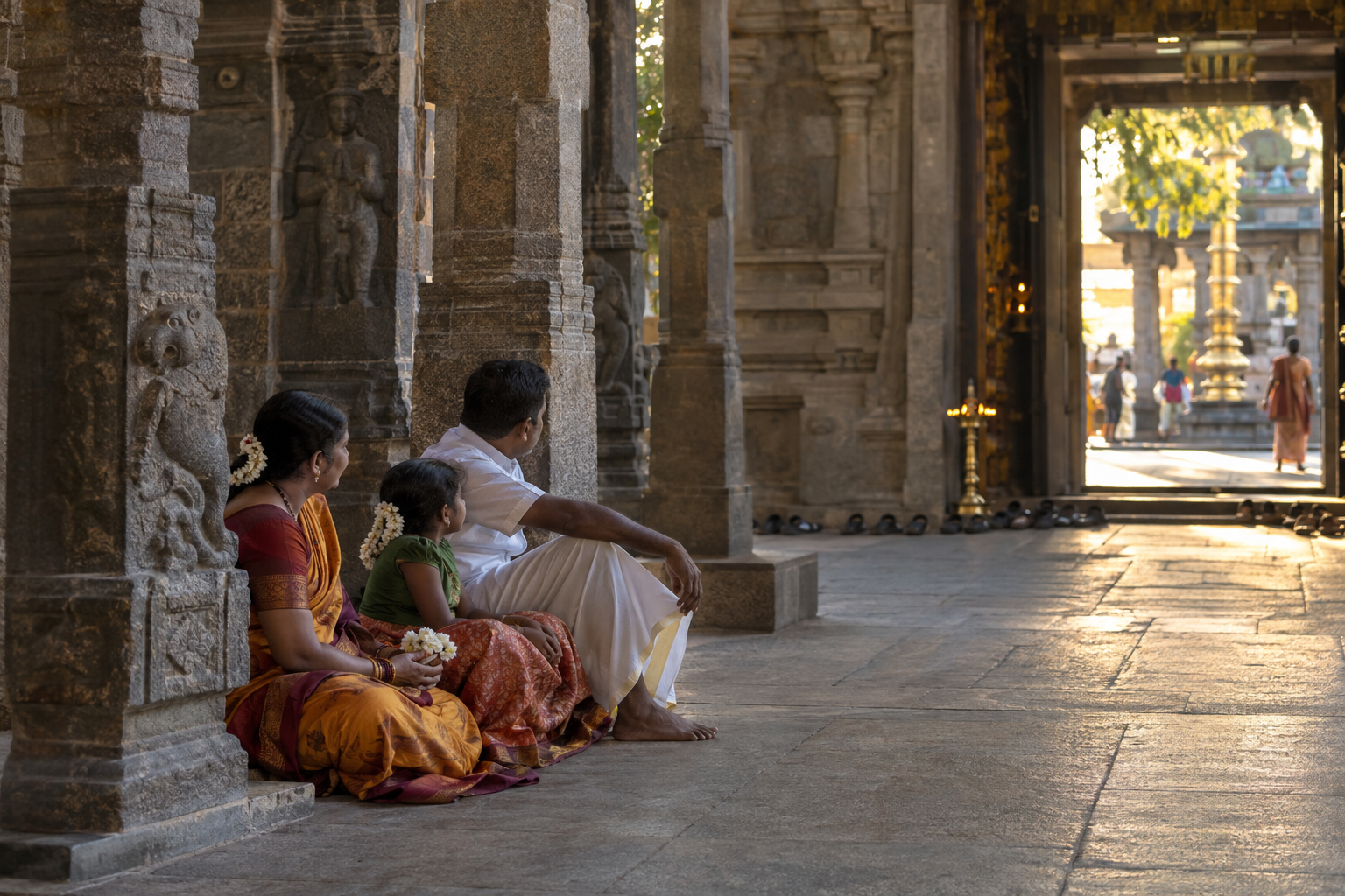 A family rests quietly in a shaded temple corridor beside a glowing brass lamp and a sunlit courtyard.