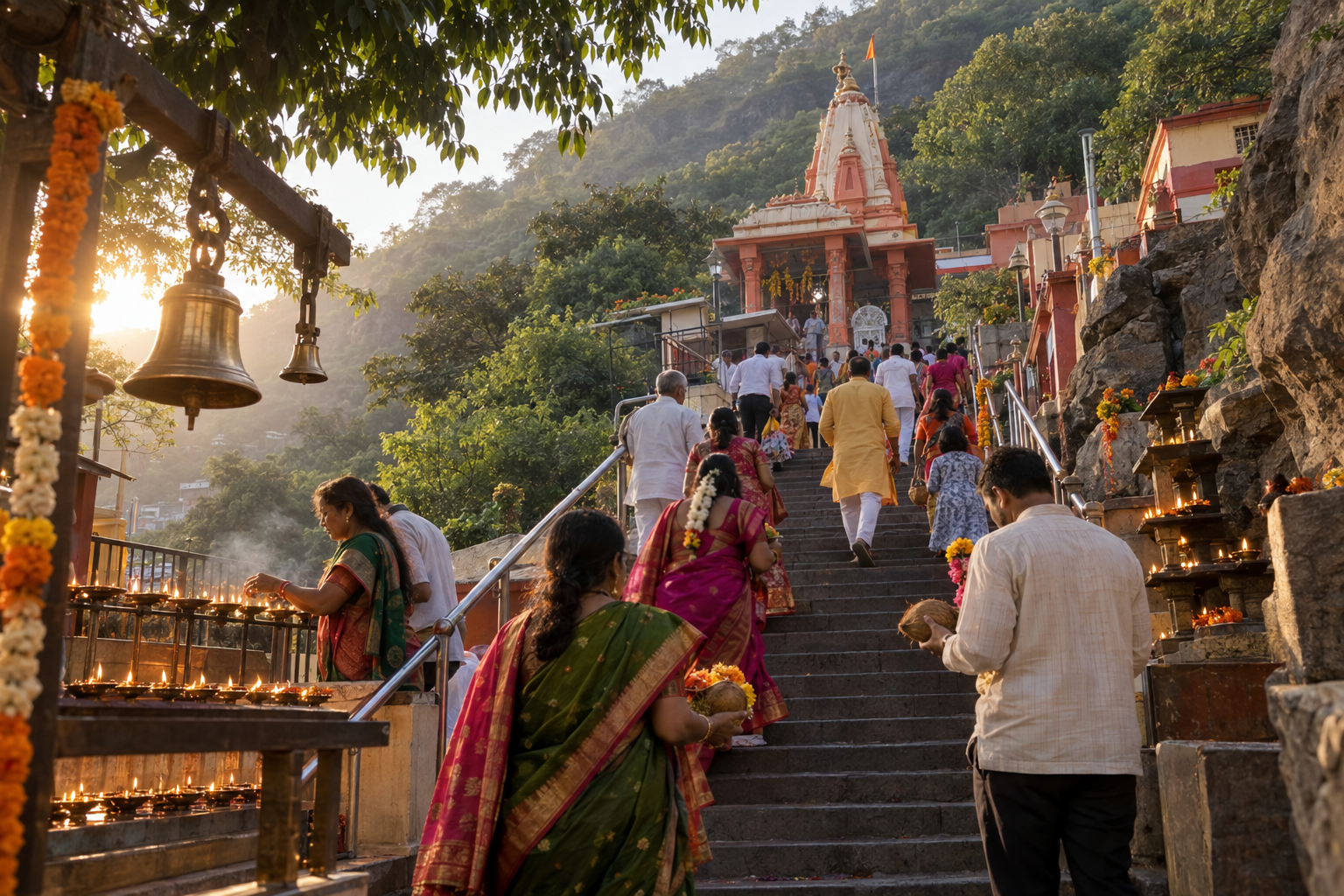 Devotees carrying flowers and offerings climb the steps of Pune's Chaturshringi hill temple during Navaratri.