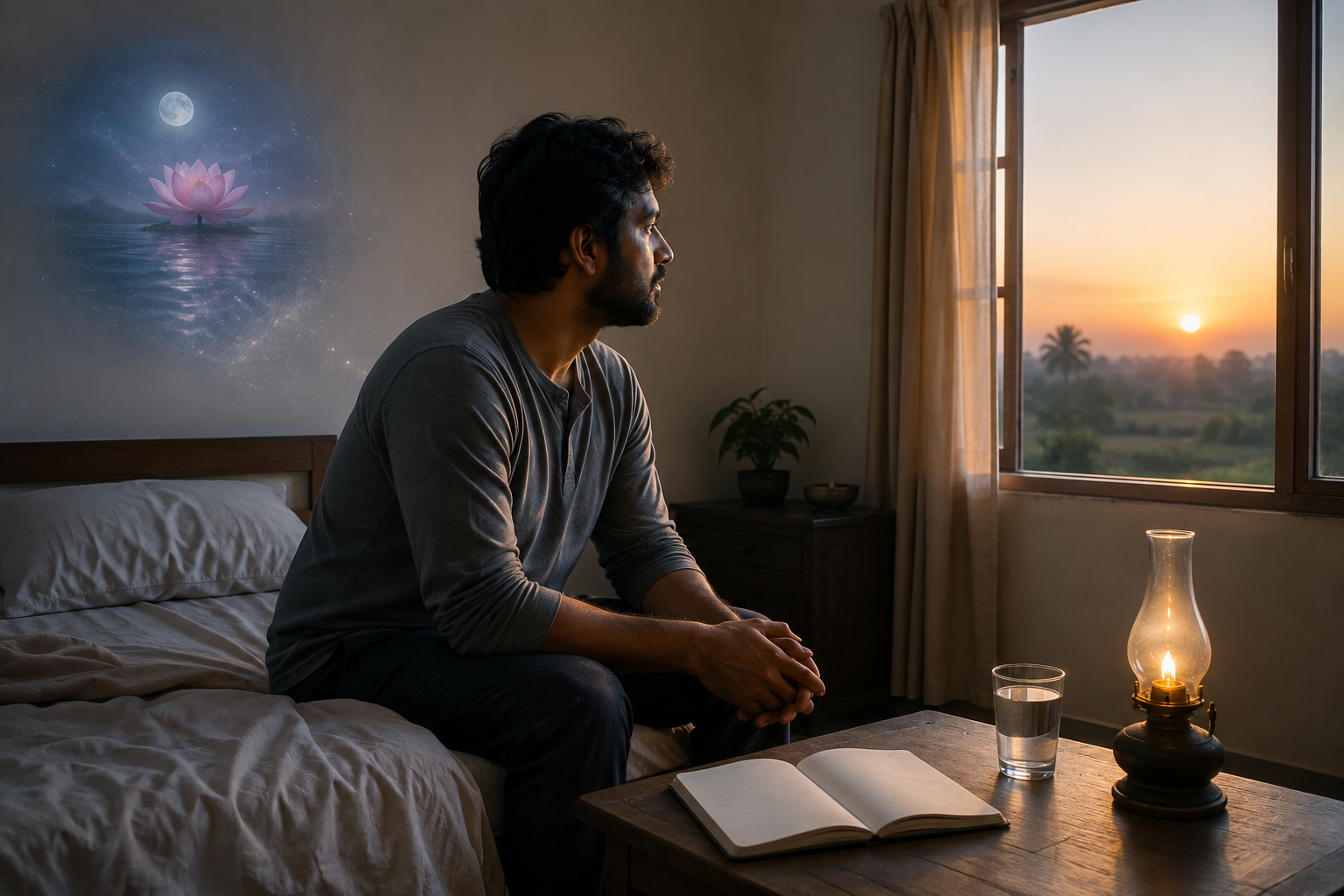 A person sits beside an unmarked journal at dawn as a small, fading dream image of a lotus beneath the moon dissolves into the morning light.