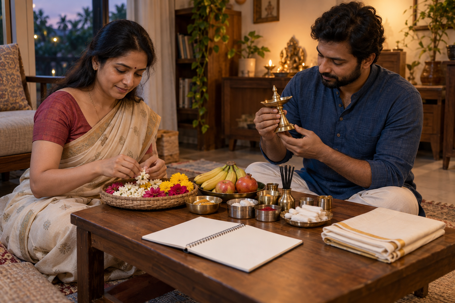 Two adults prepare Navaratri supplies by sorting flowers and checking a brass lamp beside fruit, cloth, and a blank notebook.