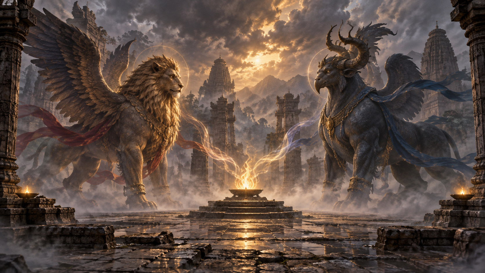 Two monumental composite sacred forms face one another across a temple courtyard as their luminous auras meet around a central flame.