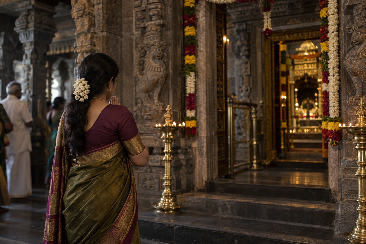 A devotee stands with folded hands before a flower-decorated, lamp-lit sanctum entrance in a Tamil Nadu temple.