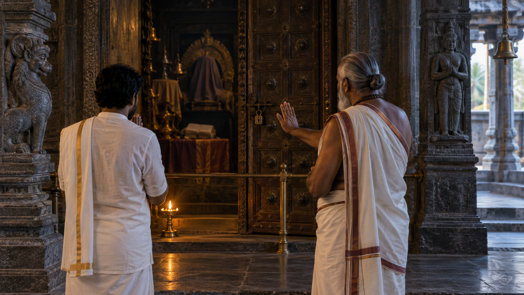 A devotee pauses with an elder guide outside a closed temple sanctum containing veiled ritual objects and a covered manuscript.