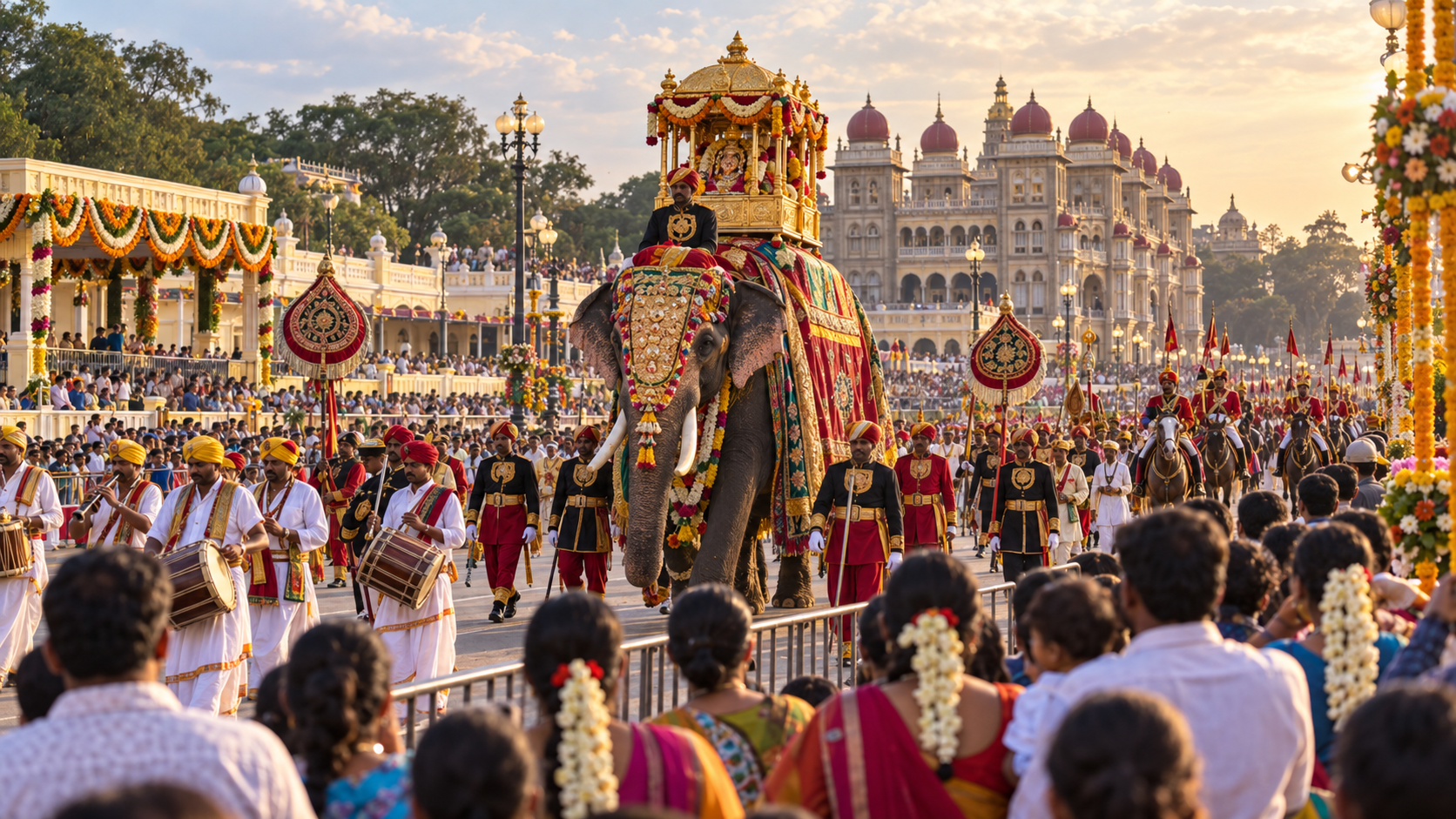 A decorated elephant, musicians, and ceremonial participants move through Mysuru during the Vijayadashami Dasara procession.