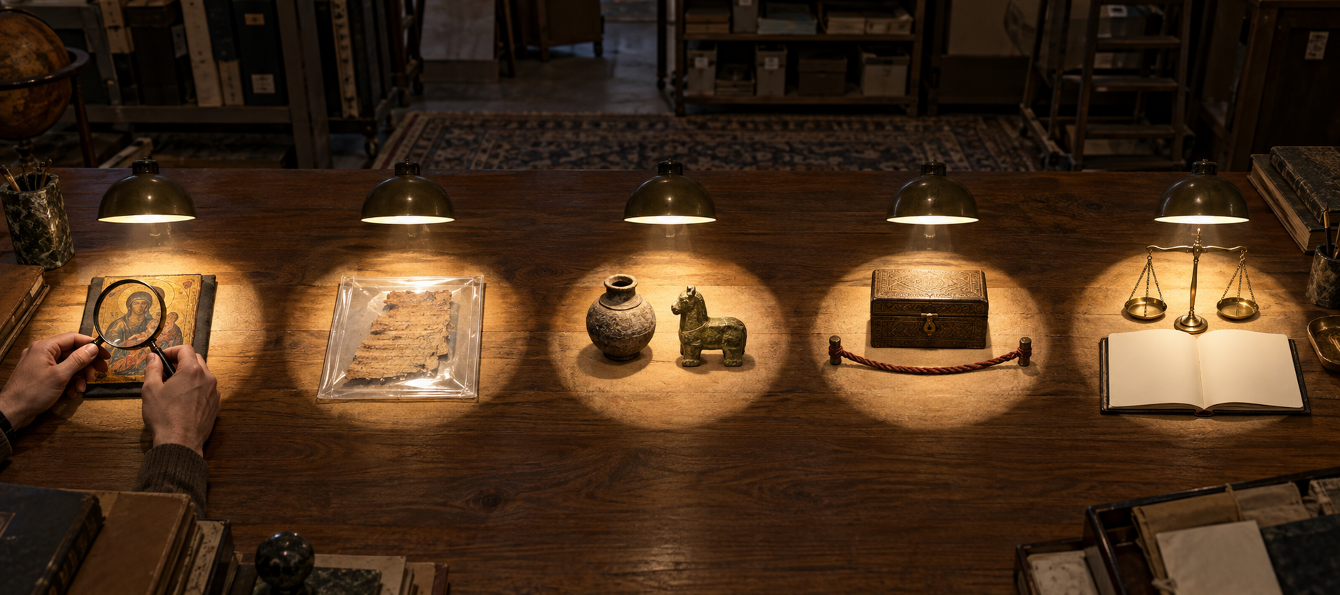Five illuminated stations on a study table contain a sacred image, manuscript fragment, paired artifacts, closed ritual box, blank notebook, and brass scale.