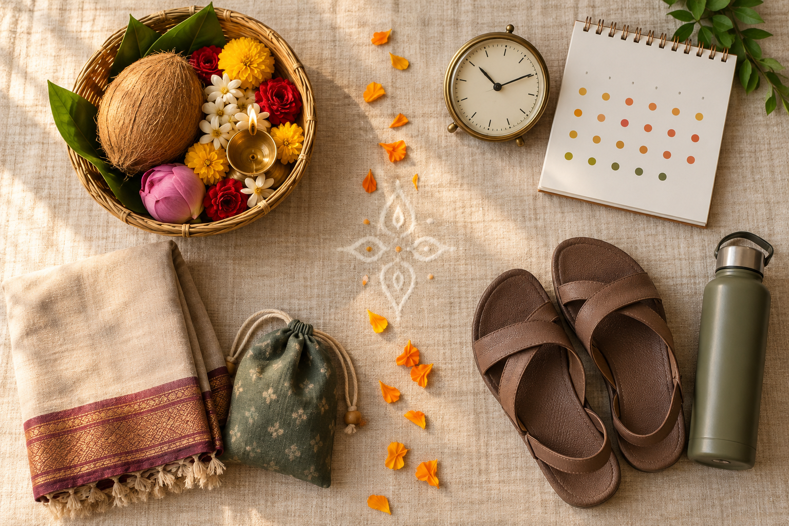 Four groups of travel items represent temple offerings, timing, walking preparation, and respectful festival clothing.