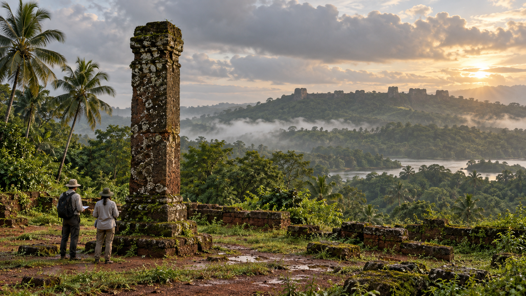 A weathered stone pillar and laterite fort ruins in a lush Goan landscape as two conservation professionals inspect the site after monsoon rain.
