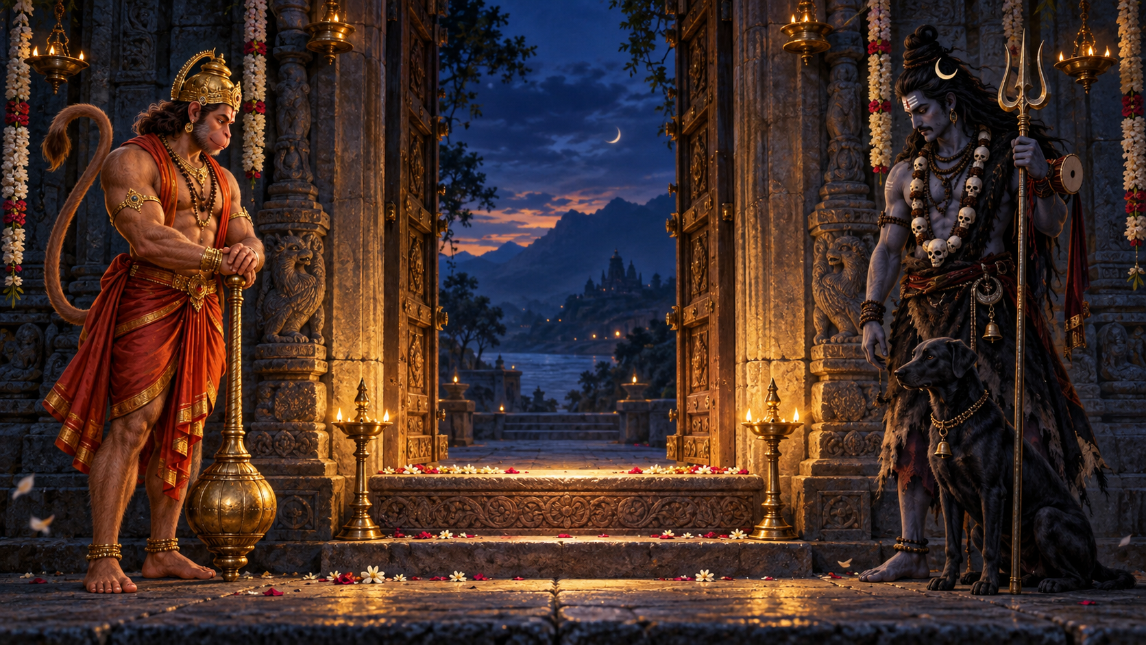 Hanuman and Bhairava stand on opposite sides of a lamplit stone temple gateway, with Hanuman holding a mace and Bhairava accompanied by a black dog and holding a trident.
