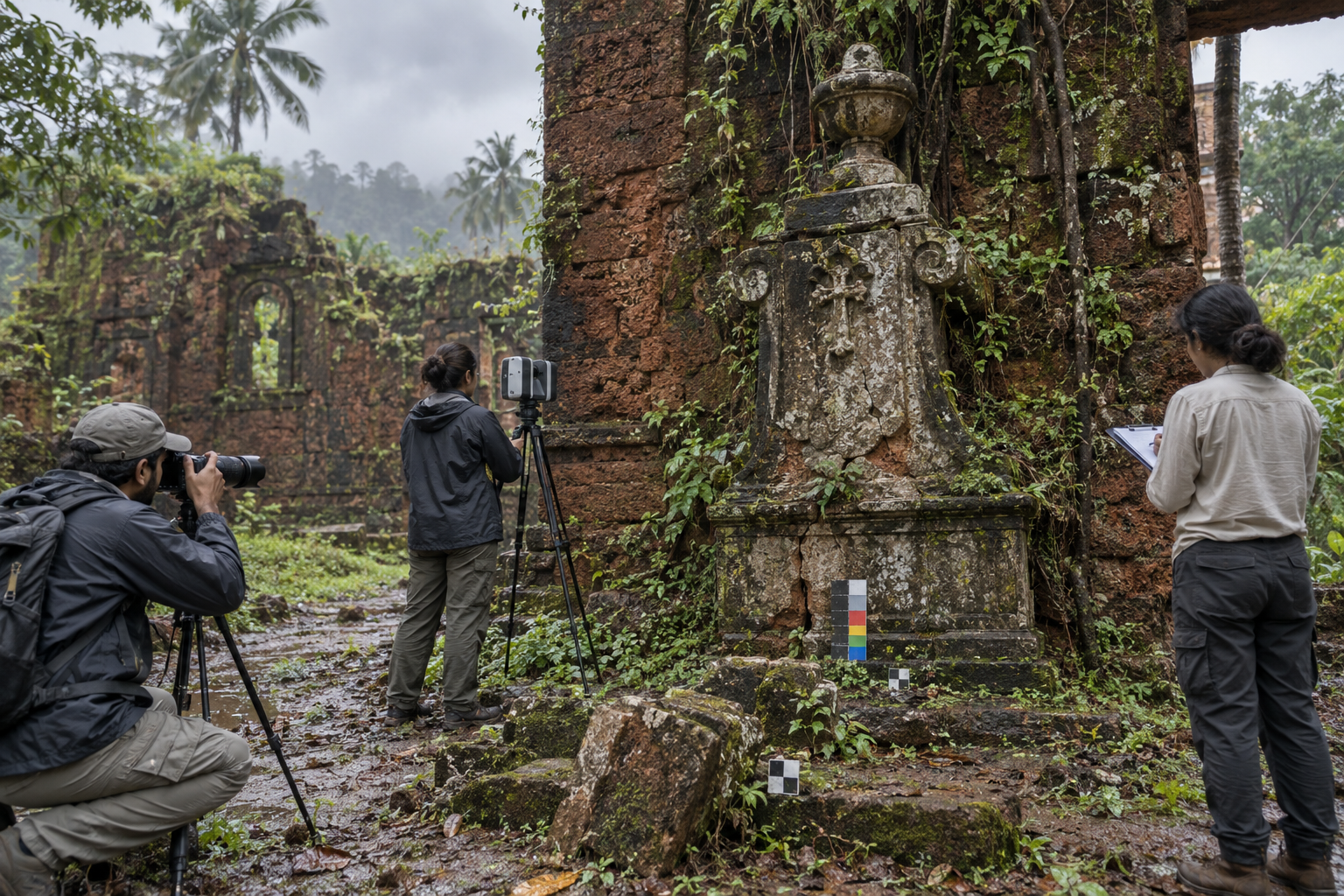 Heritage specialists photograph and scan a weathered laterite monument in Goa while documenting cracks, vegetation, and fallen stone fragments.