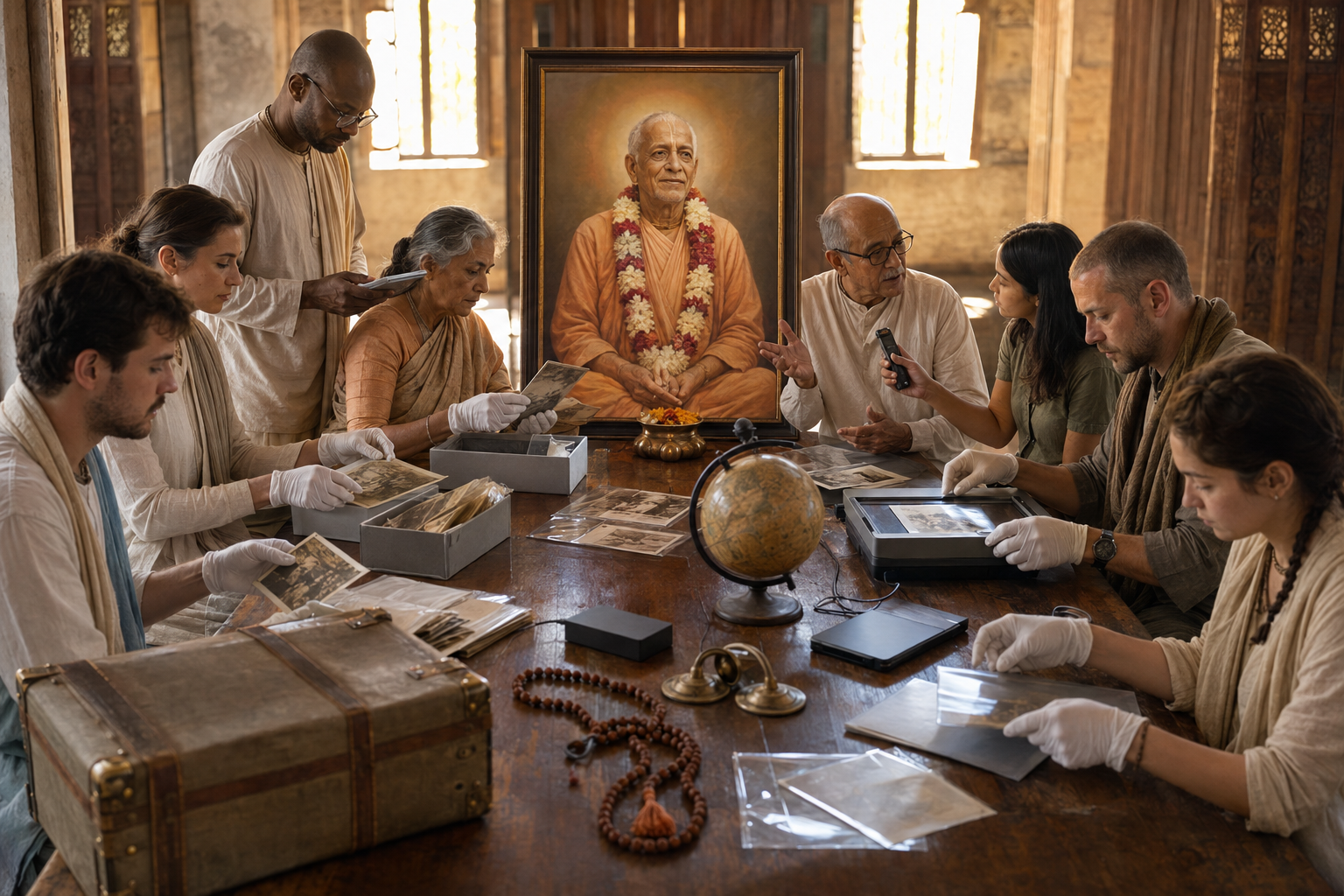 Devotees of different ages preserve photographs, devotional objects, oral testimony and digital files around a portrait of an elderly Vaishnava teacher in a temple archive.